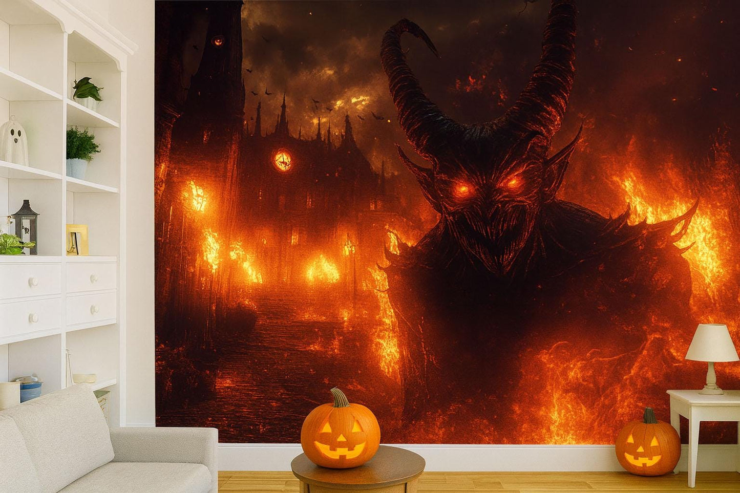 Demonic Wall Mural – Fiery Hell Scene with Red-Eyed Monster Vn808