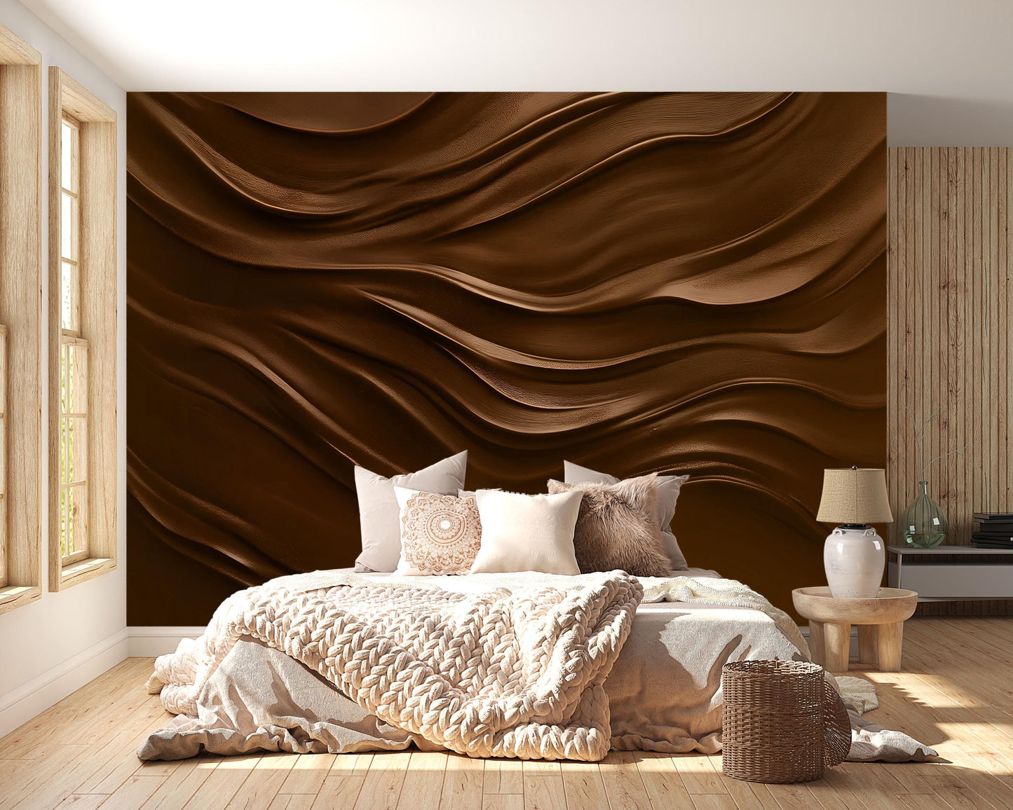 Modern Wavy Brown Accent Wall Art | 3D Texture Bedroom Decor | Earthy Tones Wall Mural Vn652