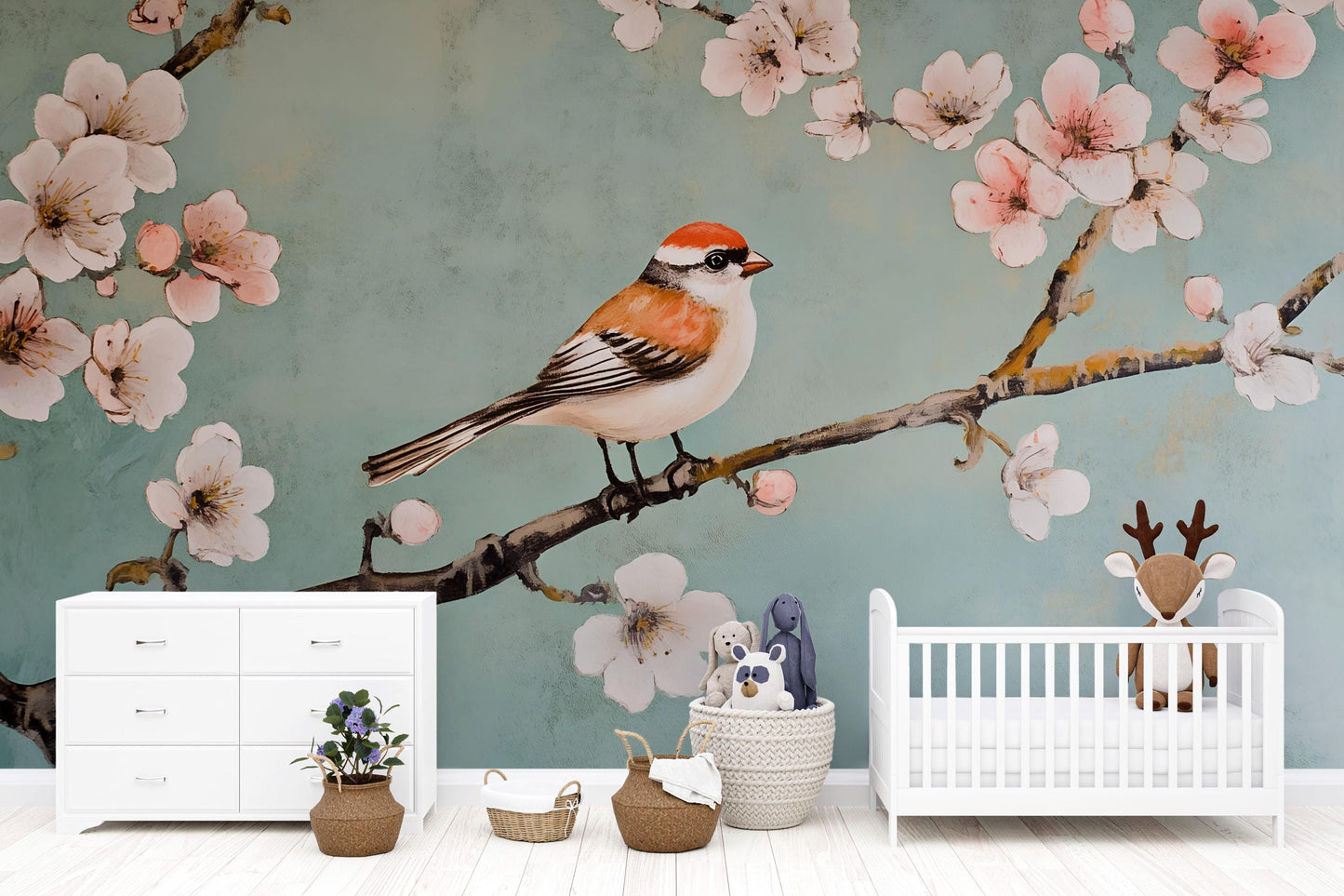 Bird and Blossom Wall Mural – Cherry Blossom Nursery Wallpaper, Nature Accent Wall for Kids Room or Bedroom Vn860