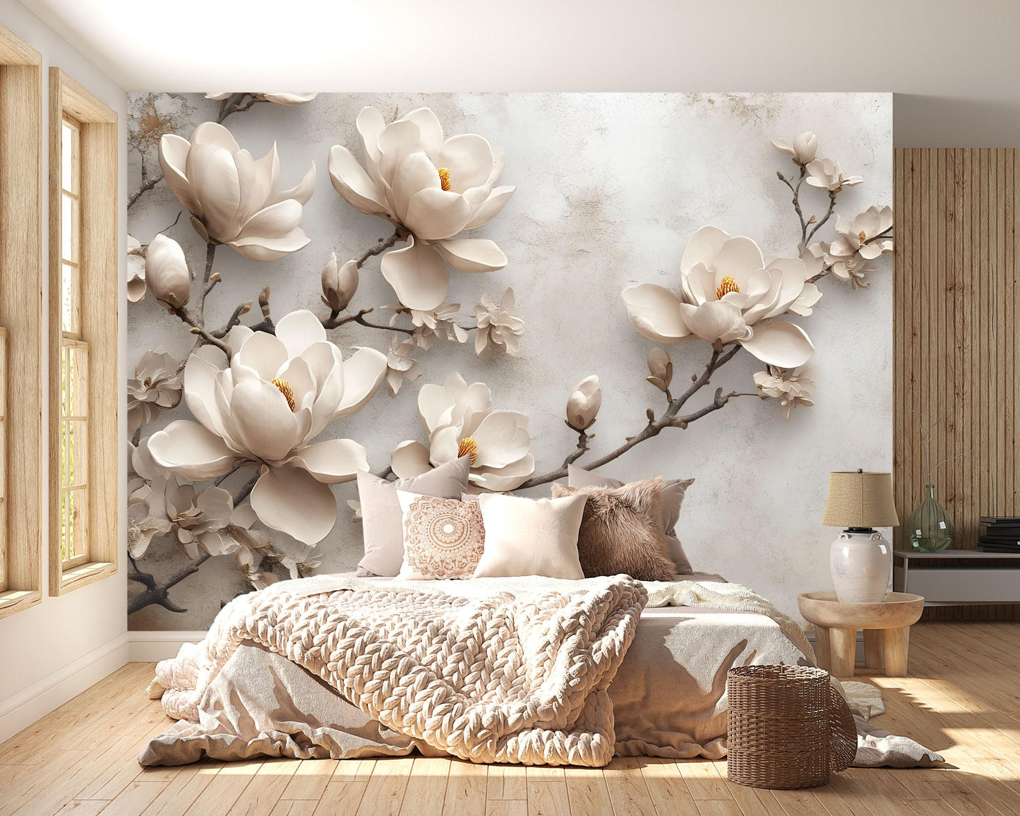 Beige Magnolia Flower Mural – 3D Effect Botanical Wall Art for Bedroom or Living Room Vn768