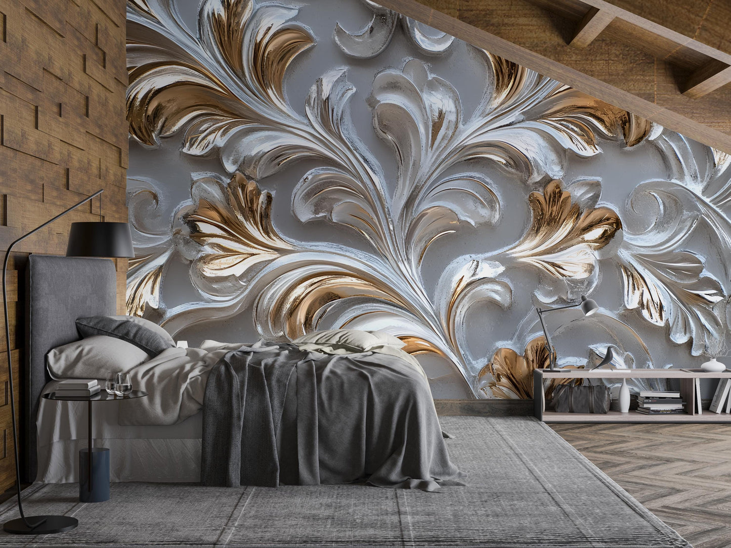 3D Baroque Floral Wall Mural, Elegant Gold & Silver Bedroom Art Decor Vn590