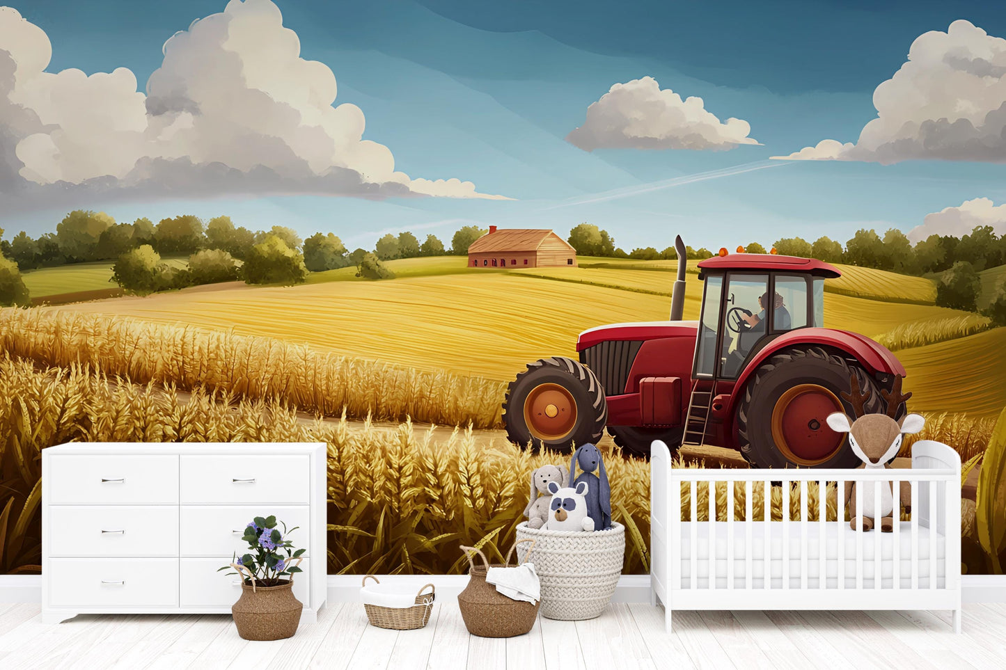 Farm Tractor Wall Mural – Kids Room Wheat Field Scene  Vn315