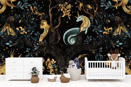 Magical Forest Wallpaper Mural for Nursery – Unicorn, Dragon & Fairy Tale Creatures – Dark Fantasy Kids Room Wall Art Vn178