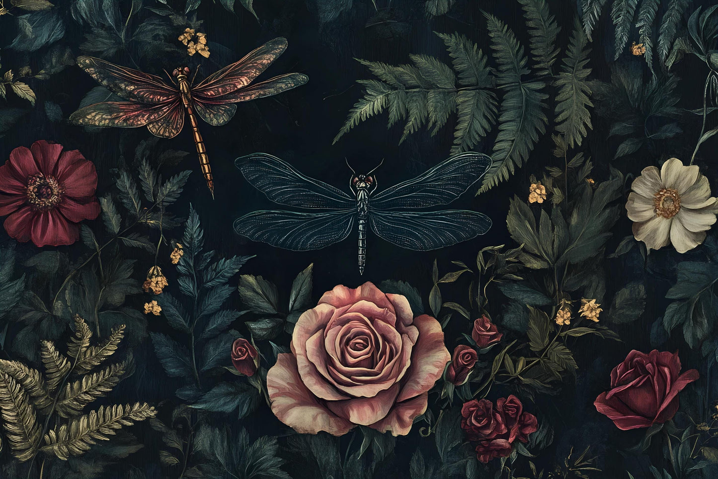 Dark Botanical Wall Art – Vintage Dragonfly & Roses Print Vn954