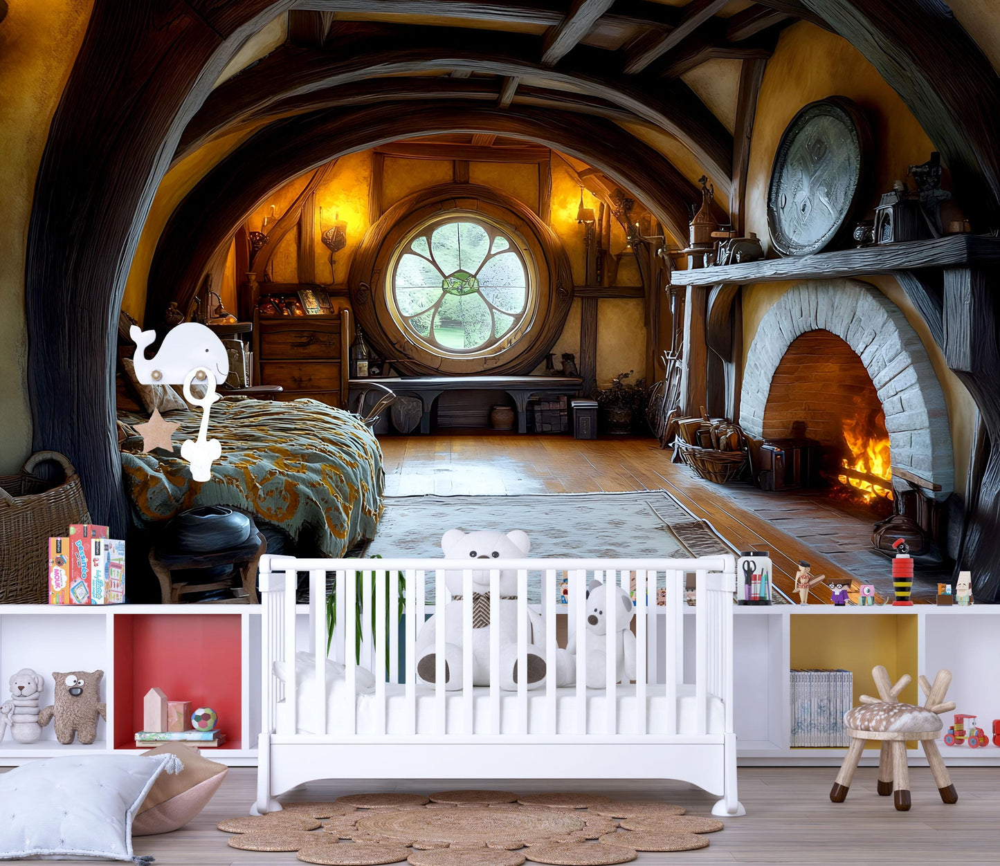 Hobbit Nursery Wall Art | Cozy Fantasy Baby Room Decor | Rustic Hobbiton Fireplace Print | Whimsical Nursery Interior Artwork Vn604