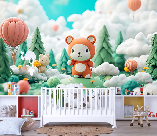 Whimsical Bear Wall Mural | Cute Animal Forest Kids Room Wallpaper | Playroom Nursery Decor Art | 3D Cartoon Bear Scene Vn428