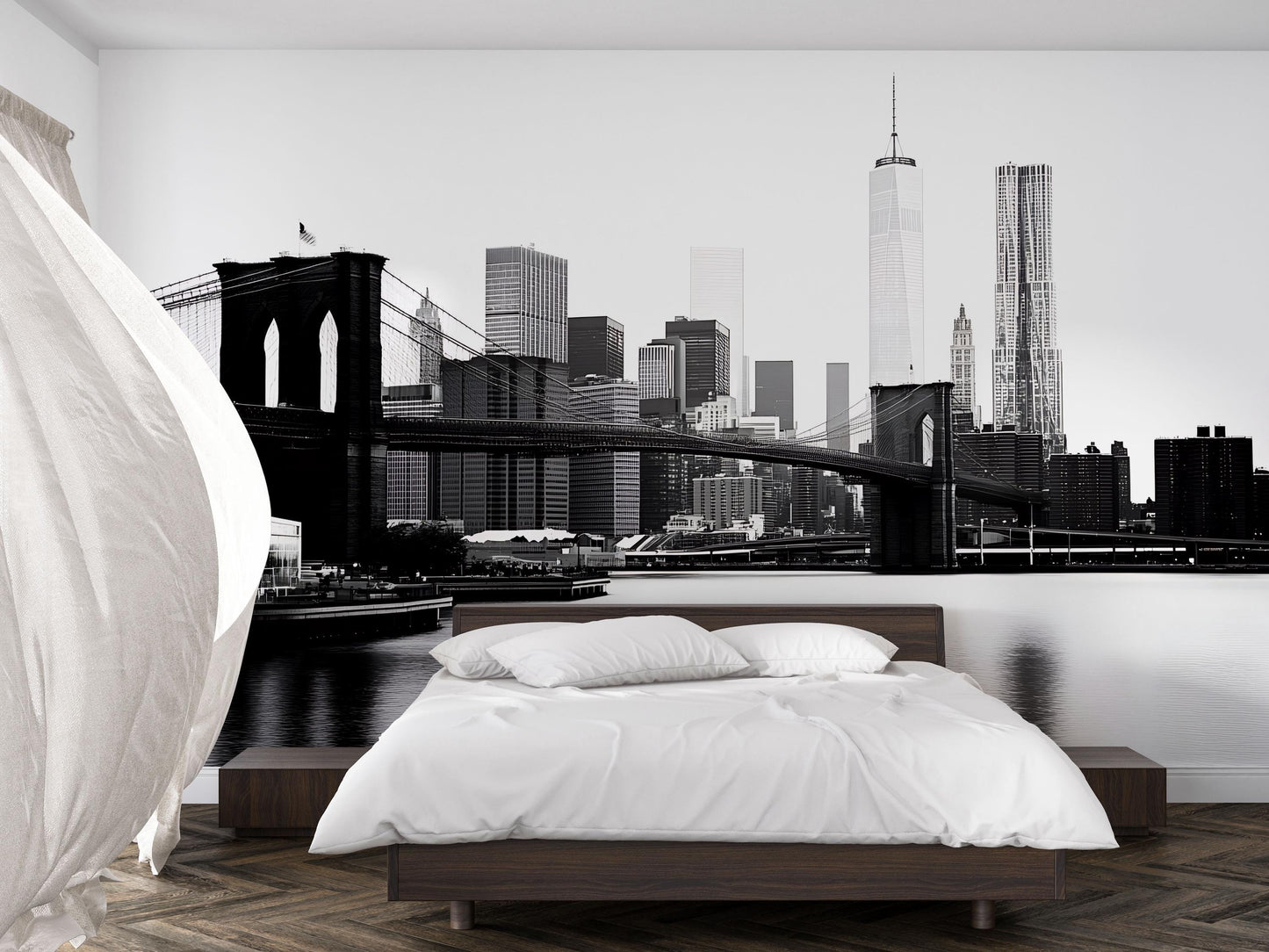 Brooklyn Bridge Wall Mural – NYC Skyline Black White Wallpaper, Modern City Art Vn886