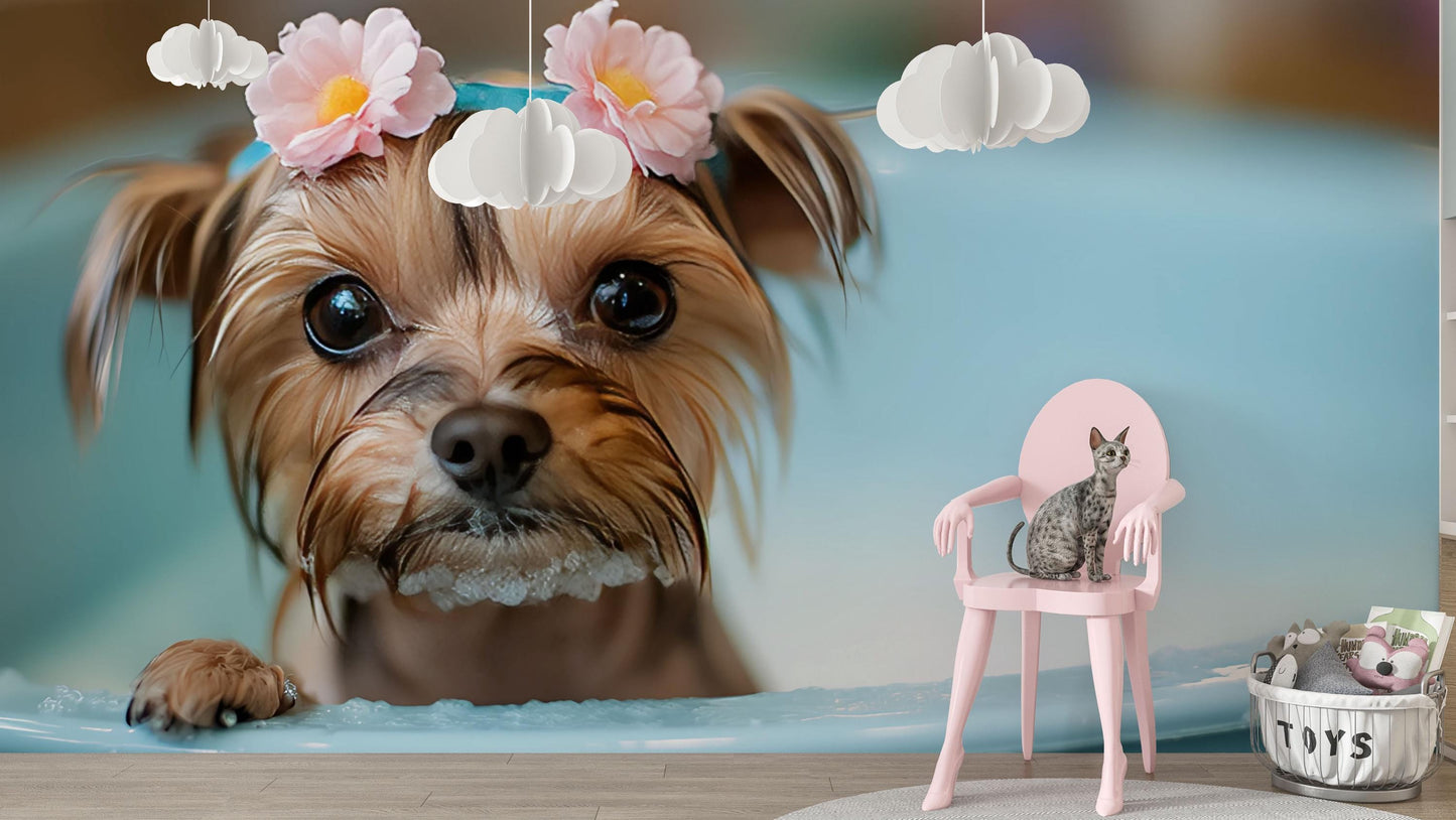 Cute Yorkie Dog Wall Mural - Bathtime Puppy Decor - Flower Crown Art Print - Whimsical Pet Room Wallpaper - Dog Lover Gift Vn680