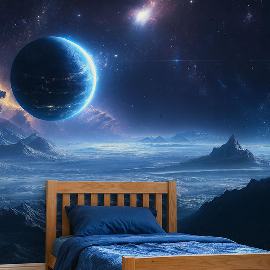 Blue Cosmic Planet Wall Mural – Galaxy Wallpaper for Kids Bedroom Decor Vn871