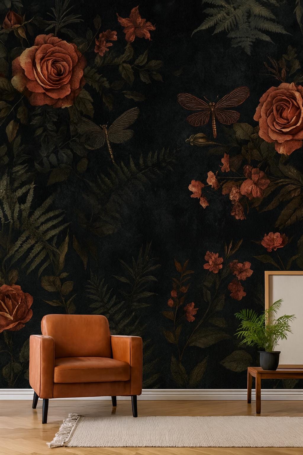 Dark Rose & Dragonfly Wall Art – Vintage Botanical Print Vn956