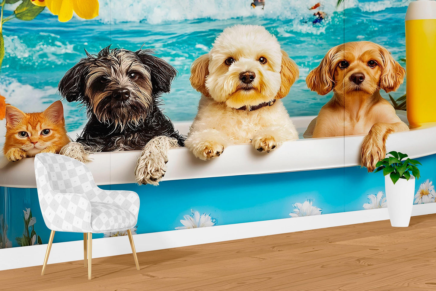 Funny Beach Dogs in Bathtub Wall Art | Cute Dog Cat Bathroom Decor | Surreal Animal Print | Pet Lovers Gift | Coastal Pet Art Print Vn673