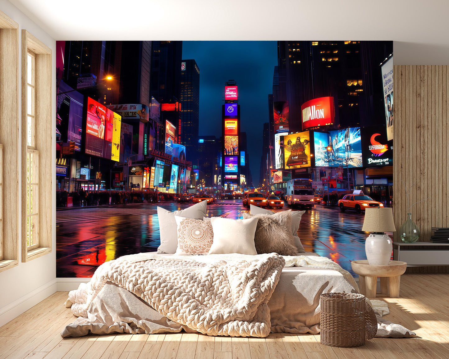 Times Square Wall Mural – NYC Night Lights Taxi Street Wallpaper, Wallpaper for Bedroom Vn899