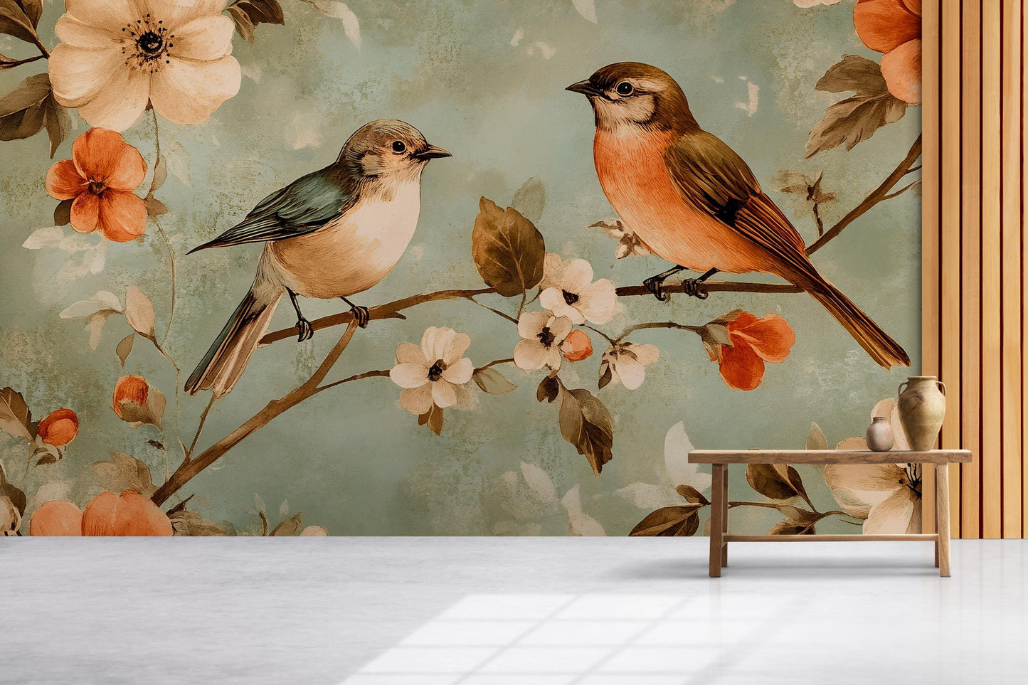 Vintage Birds Mural – Floral Botanical Wallpaper Wall Art Vn1002