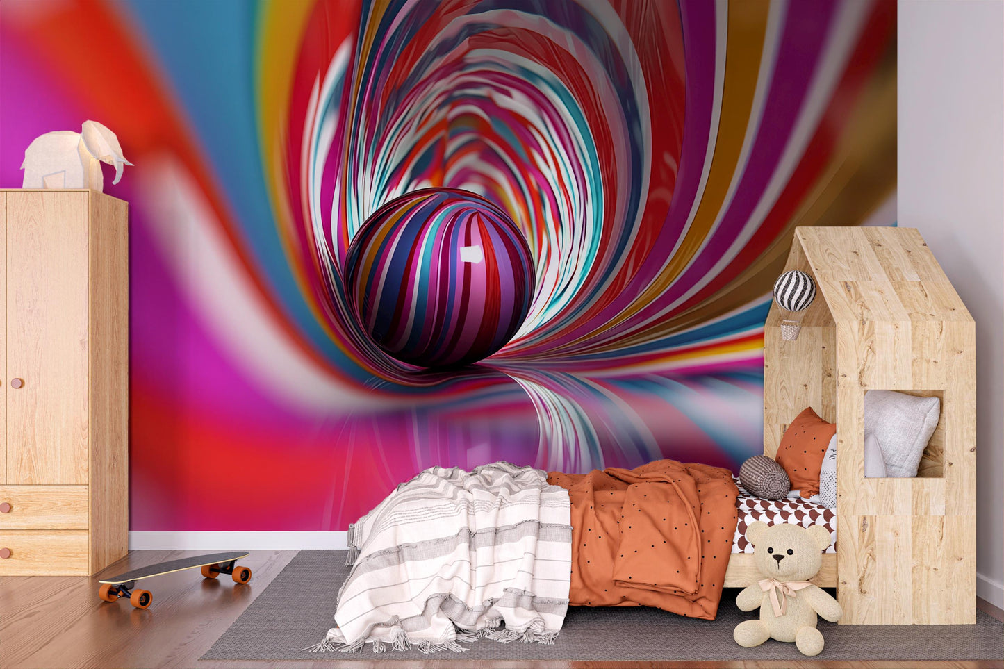 Colorful 3D Tunnel Wall Mural – Rainbow Striped Sphere Wallpaper Vn911