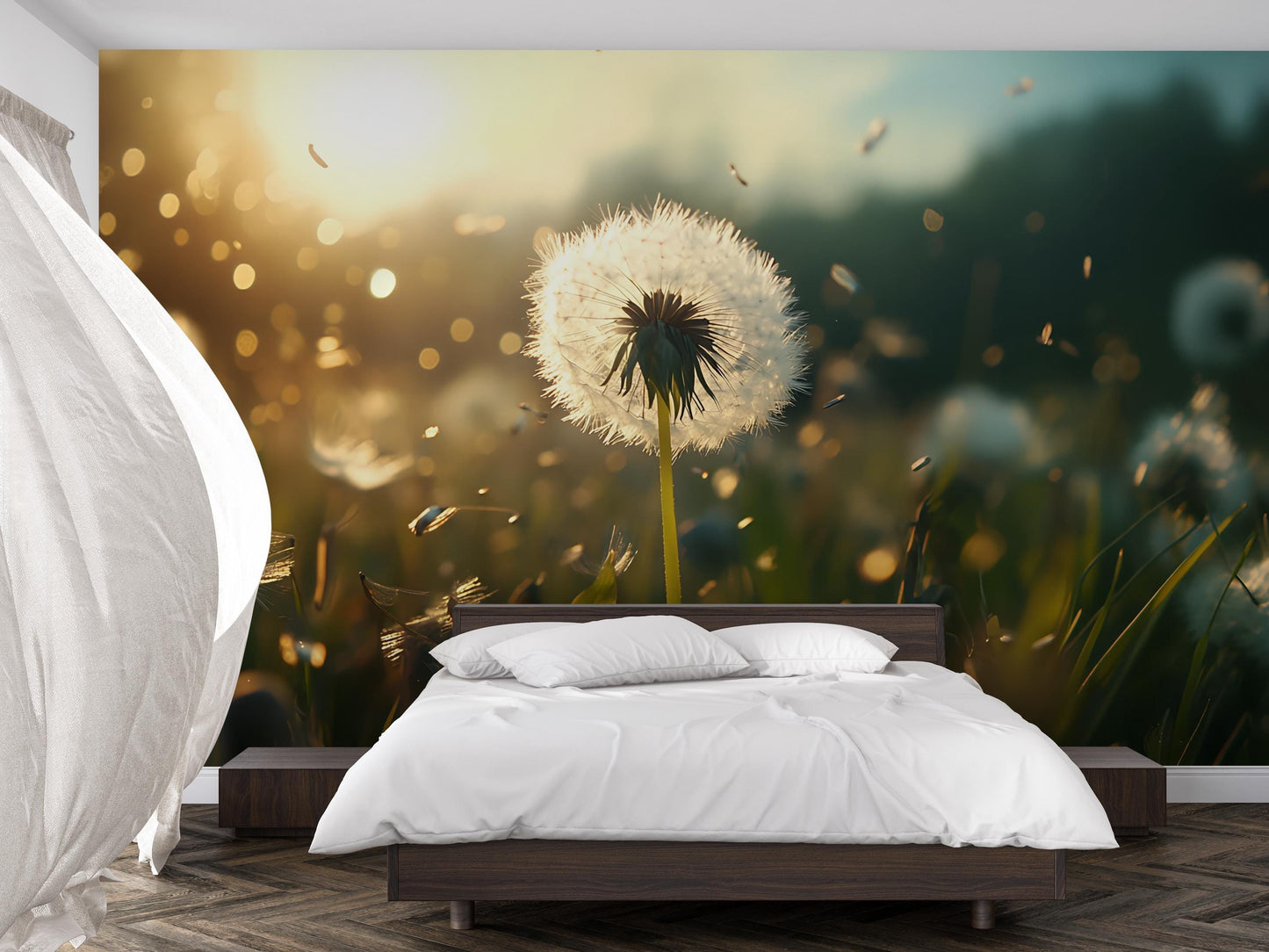 Dandelion Field Wall Mural – Nature Bedroom Wallpaper – Botanical Decor for Accent Walls Vn567