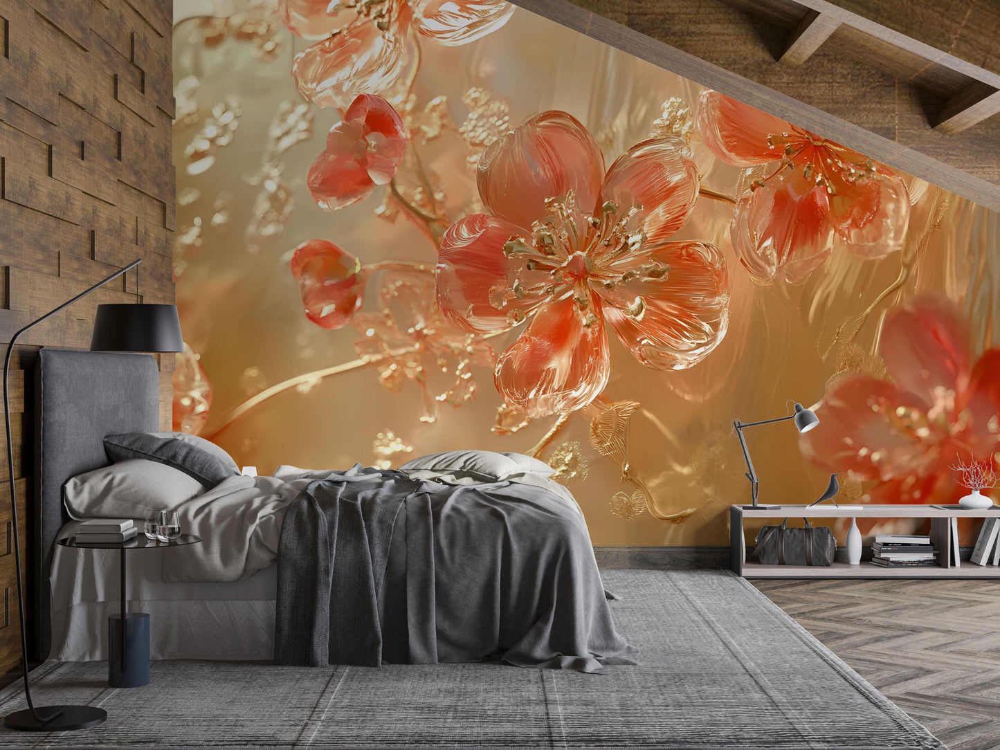 3D Red Floral Wall Mural – Large Glass Effect Flower Wallpaper for Bedroom Accent Wall Décor Vn598