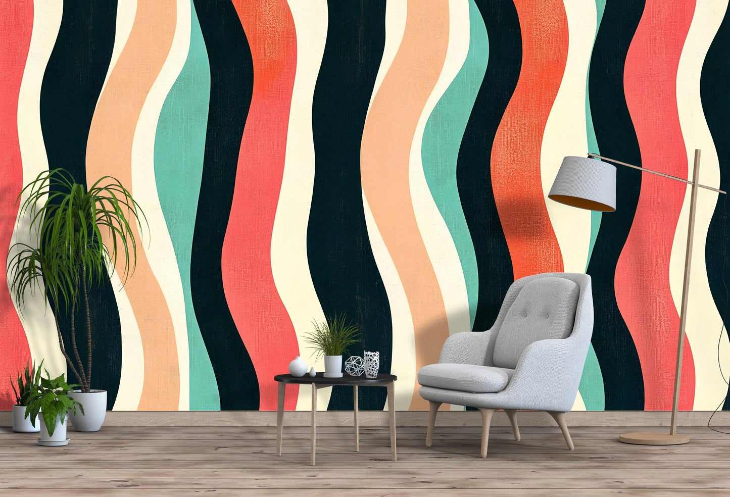 Retro Wavy Stripes Wallpaper – Bold Colorful Wall Mural Vn1020