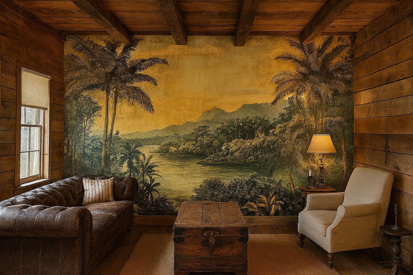 Vintage Tropical Landscape Wall Mural – Rustic Palm Tree River Scene Wallpaper Vn837