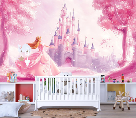Pink Princess Castle Wall Mural – Fairytale Girl’s Room Decor, Removable Wallpaper for Nursery or Playroom Vn359