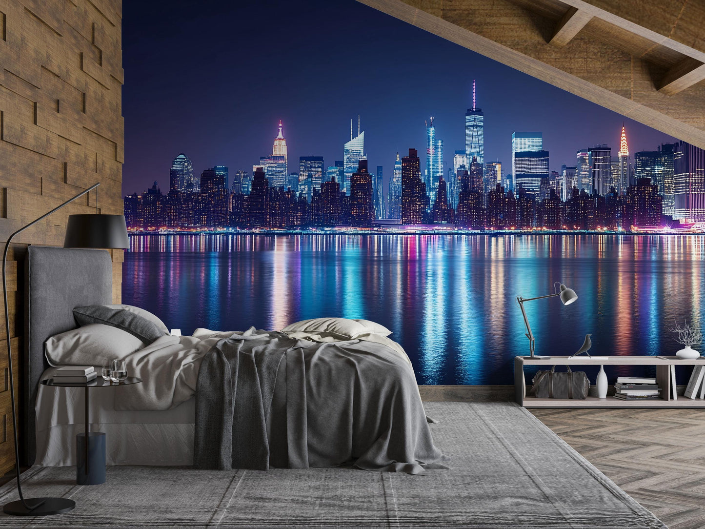 NYC Skyline Wall Mural – Night Cityscape Wallpaper for Bedroom or Living Room Vn894