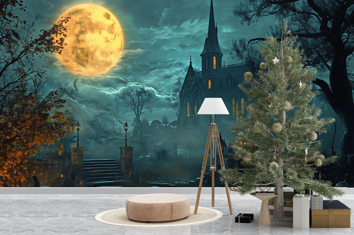 Haunted Church Halloween Wall Mural – Spooky Full Moon and Jack-o’-Lantern Wallpaper Vn790