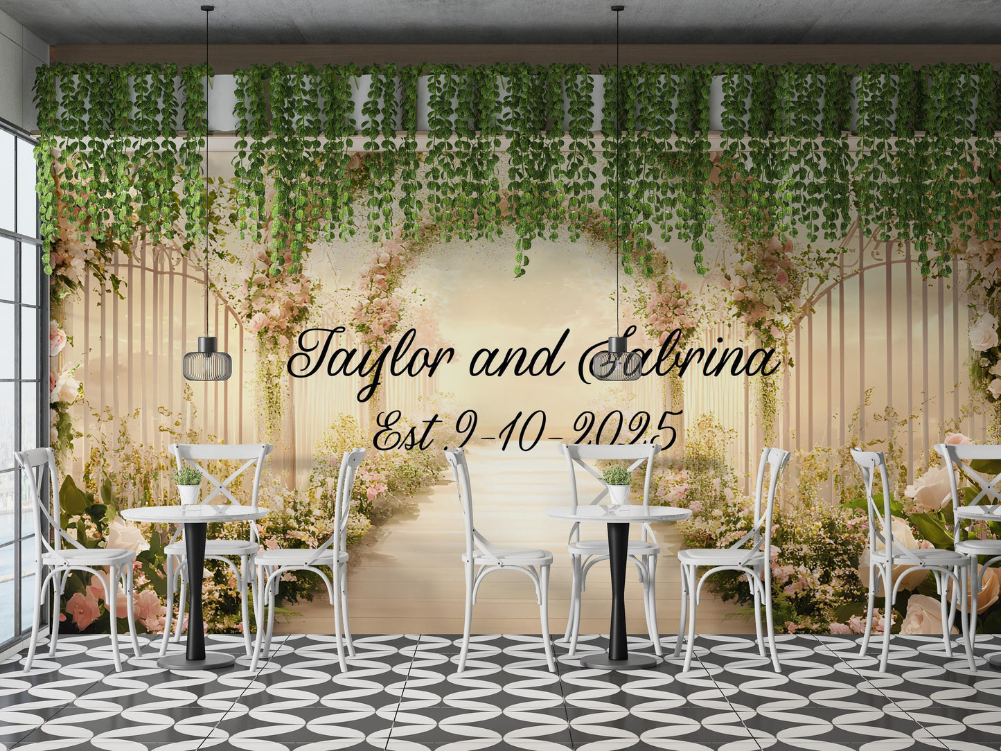 Elegant Floral Wedding Backdrop Sign - Personalized Arch Design with Names & Date - Custom Wedding Decor Vn510