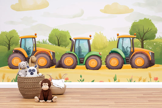 Tractor Wall Mural for Kids Room – Farm Theme Boys Bedroom Wallpaper – Cartoon Tractors Nursery Wall Art – Playroom Decor Vn627