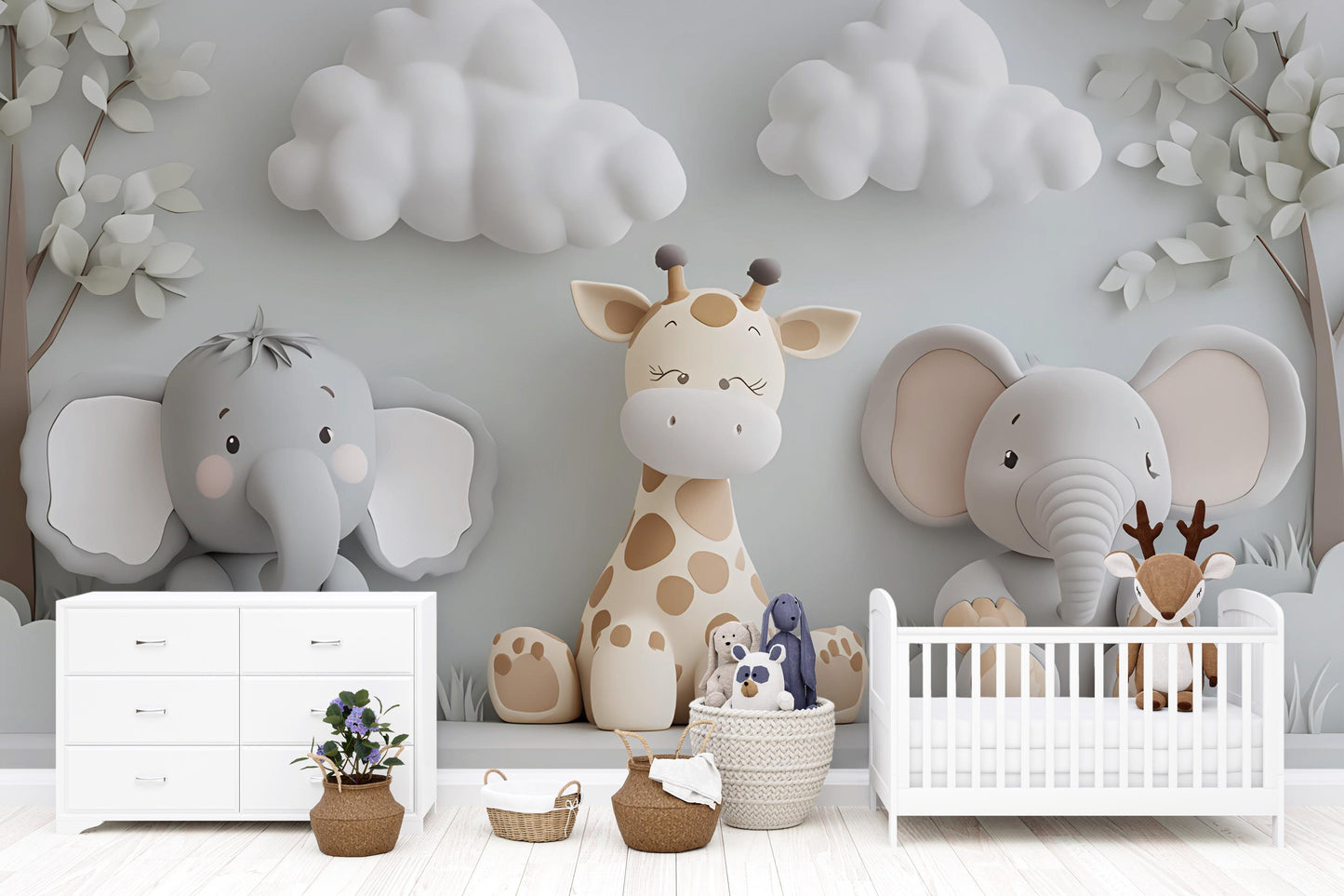 Safari Animal Nursery Wall Art - Giraffe & Elephant 3D Cartoon Mural for Kids Room - Neutral Jungle Baby Room Decor Vn426