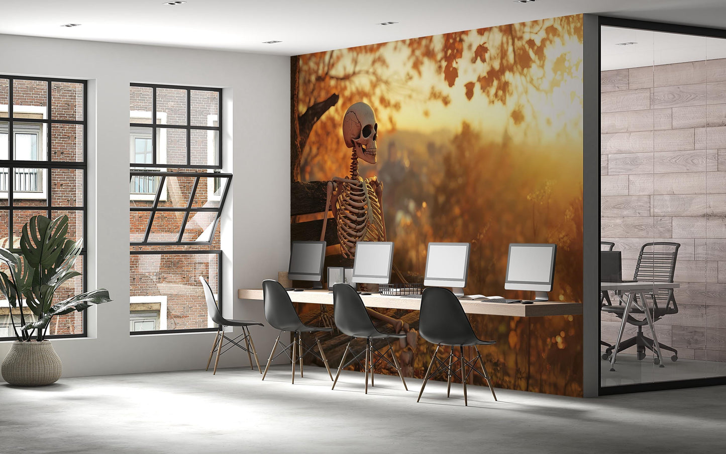 Autumn Skeleton Bedroom Wall Mural – Cozy Fall & Halloween Décor Vn799