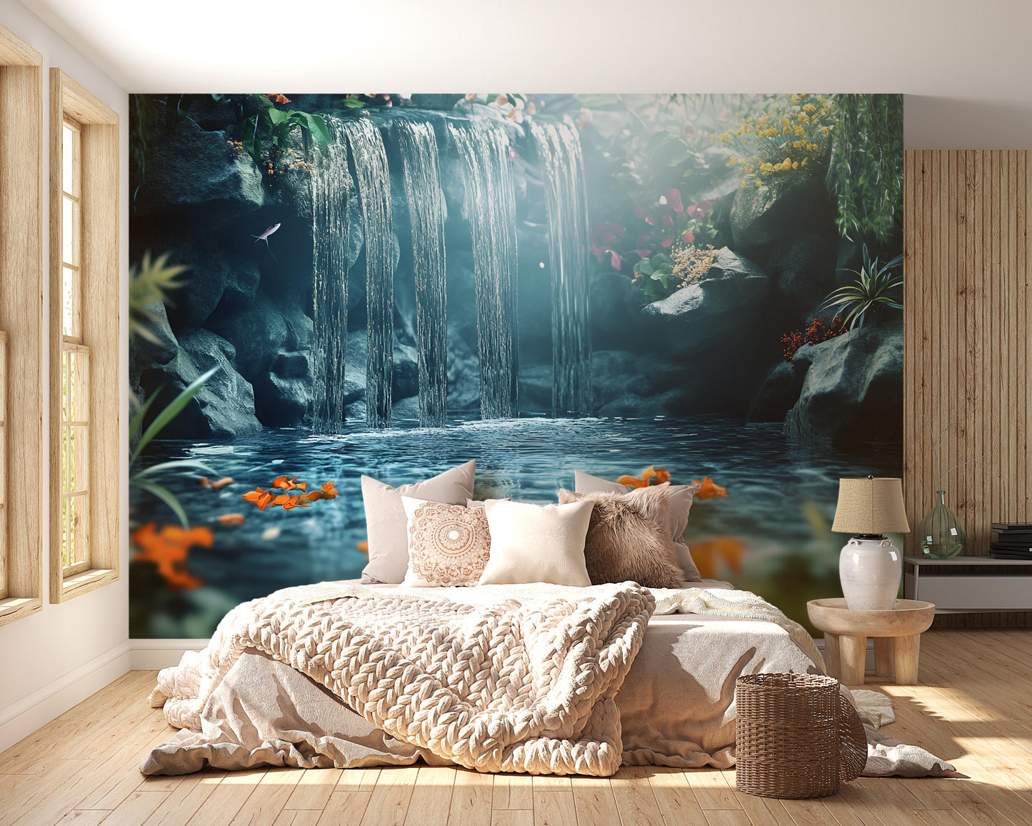 Waterfall Wall Mural | Nature-Inspired Bedroom Decor | Tranquil Waterfall Wallpaper | Serene Forest Scene for Zen Retreat Room Vn570