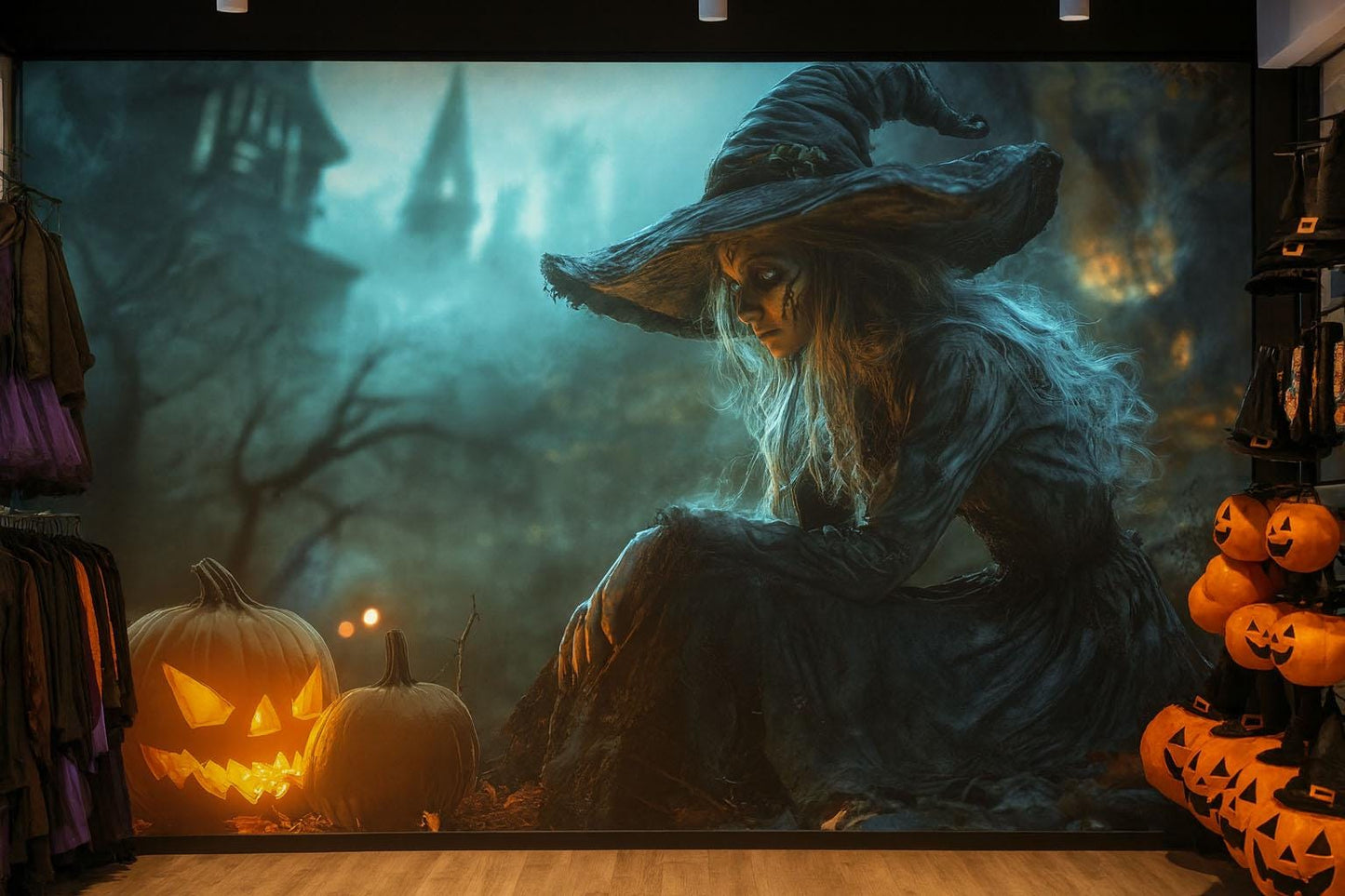 Haunted Witch & Pumpkin Wall Mural – Spooky Halloween Gothic Wallpaper for Home or Store  Vn793