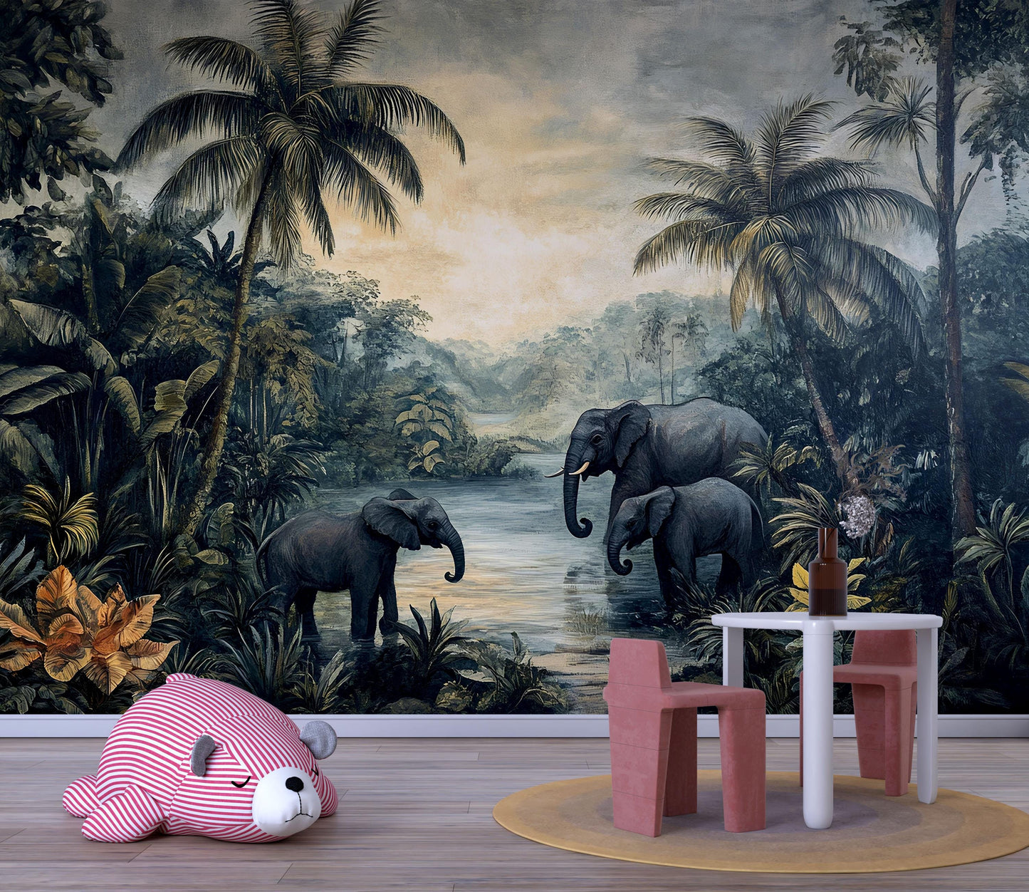 Elephant Jungle Safari Kids Wall Mural – Wildlife Nursery Adventure Wallpaper  Vn833