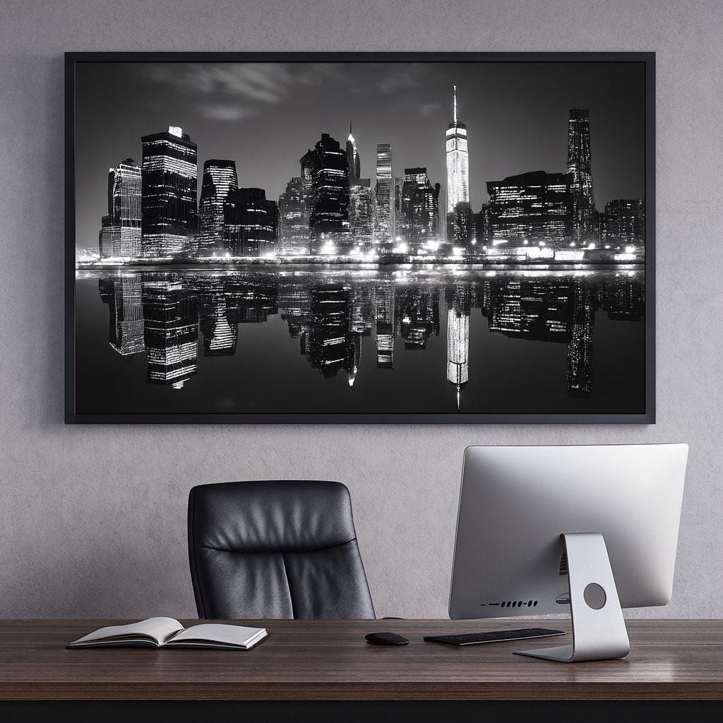 NYC Skyline Wall Mural – Black White Cityscape Wallpaper, Manhattan Reflection Art Vn885
