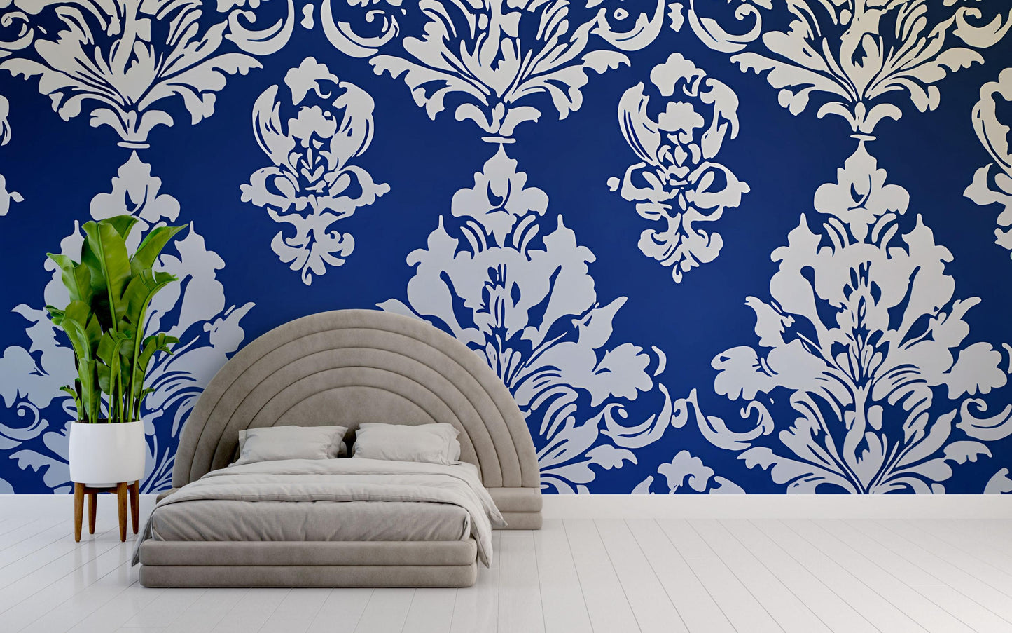 Bold Blue Damask Wallpaper | Baroque Floral Removable Wall Mural | Elegant Bedroom Accent Wall Decor | Peel and Stick Home Decor Vn632