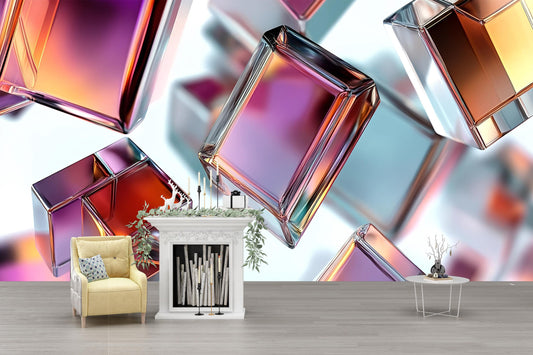 Modern 3D Geometric Wall Mural – Abstract Colorful Crystal Shapes – Bold Art Wallpaper for Living Room or Office Décor Vn588