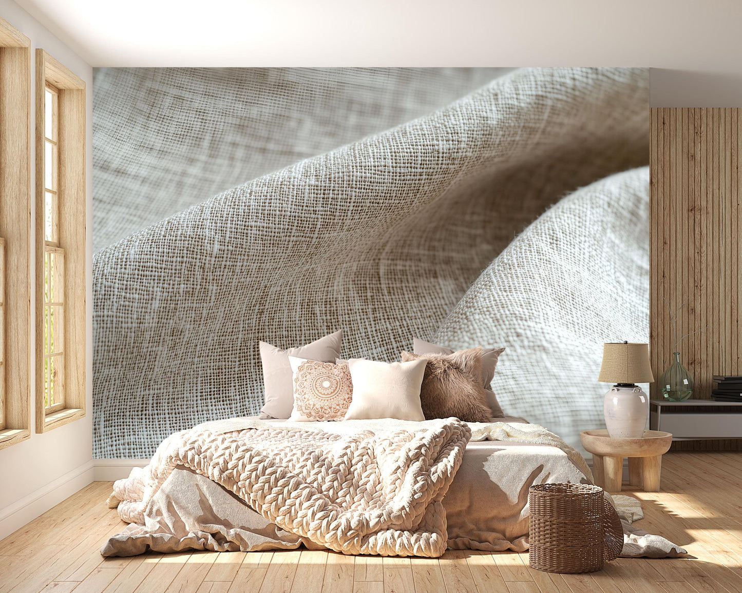 Beige Linen Texture Wall Mural – Minimalist Neutral Bedroom Wallpaper Vn836