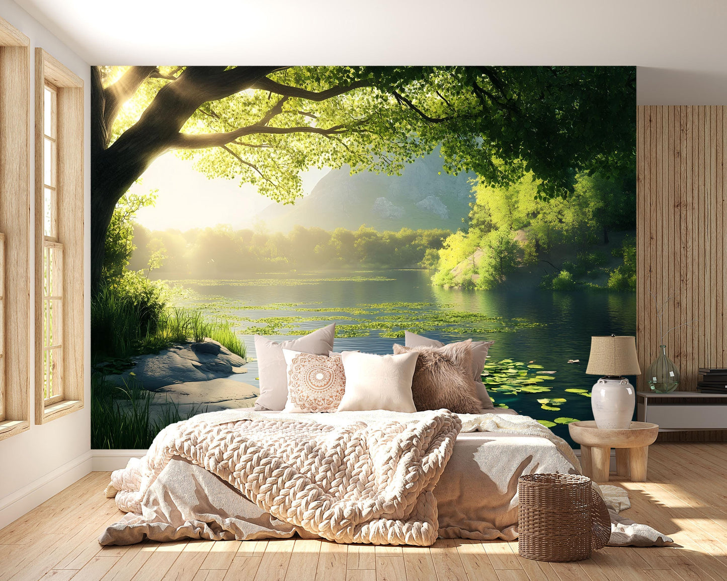 Tranquil Lake Wall Mural – Water Lily Pond & Forest Landscape Wallpaper Vn829