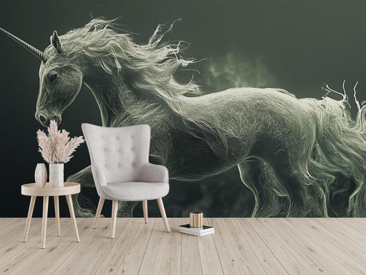 Mystical Ghostly Unicorn Wall Mural - Fantasy Horse Art Wallpaper for Living Room, Magical Creature Decor, Surreal Home Accent Vn 298