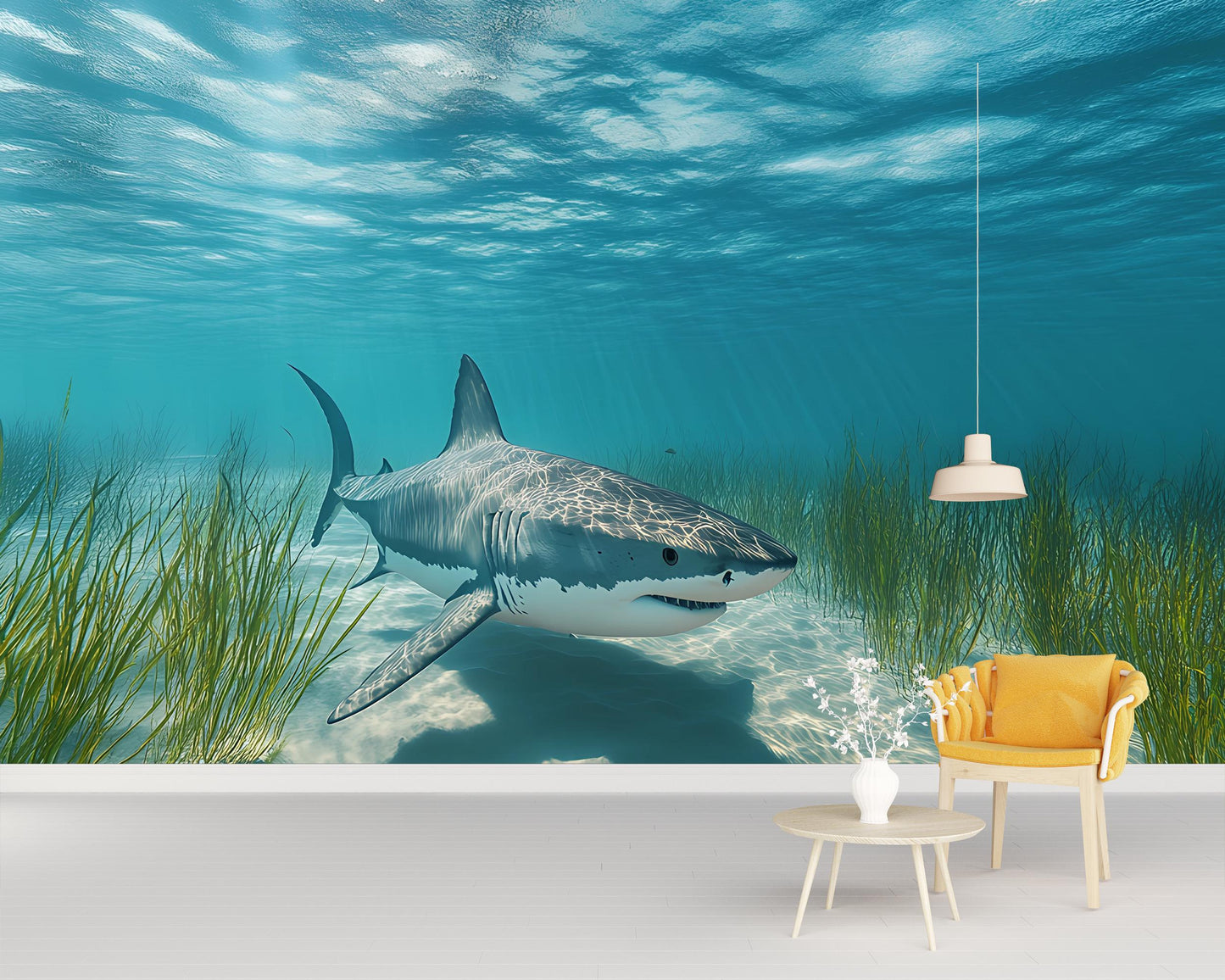 Underwater Shark Wall Mural – Realistic Ocean Wallpaper with Great White Shark – 3D Ocean Scene Accent Wall Vn385