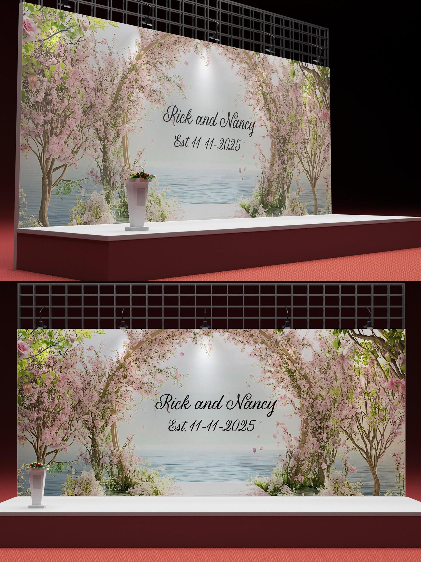Romantic Wedding Backdrop with Names & Date – Cherry Blossom Arch Decor Vn511