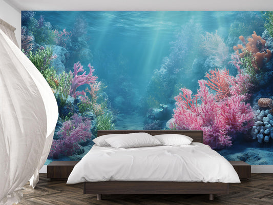 Underwater Coral Reef Wall Mural – Ocean Scene Coastal Home Décor Vn818