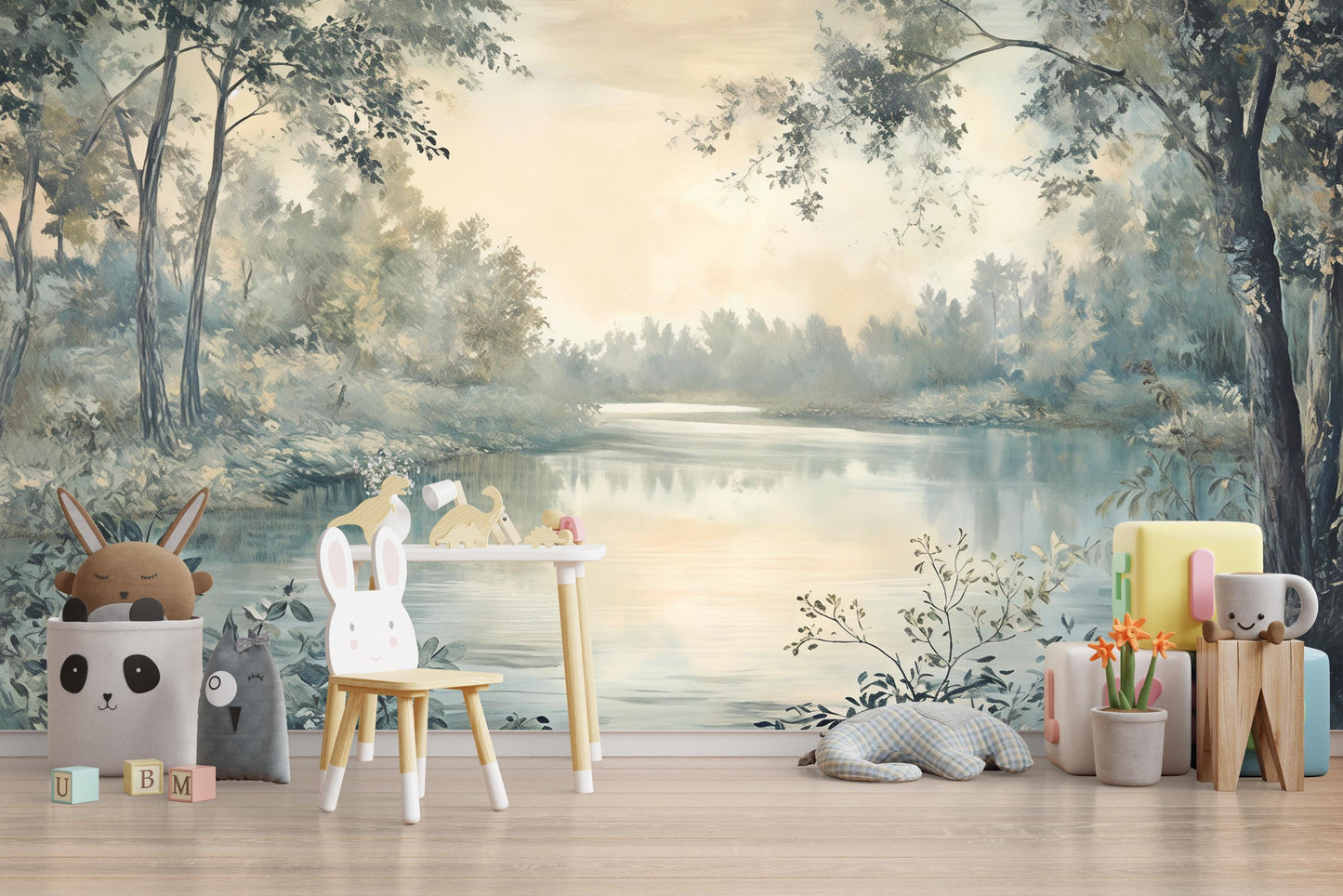 Calm River Forest Wall Mural – Nature Landscape Wallpaper for Bedroom & Living Room Vn975