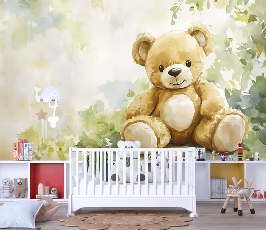 Teddy Bear Nursery Wall Mural - Cute Forest Animal Wallpaper - Baby Room Decor - Woodland Themed Nursery Art Vn554
