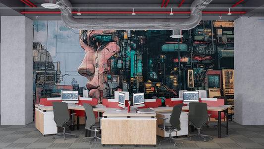 Cyberpunk Office Wall Mural – Futuristic Tech Face Art for Workspace Vn196