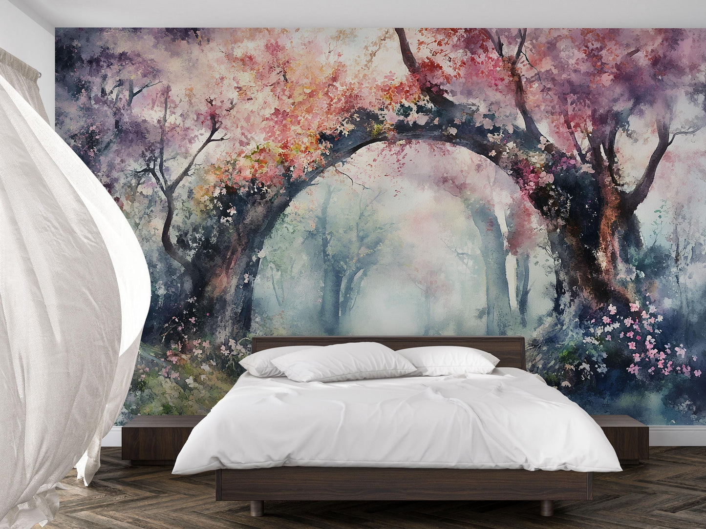 Cherry Blossom Forest Mural Wallpaper – Dreamy Watercolor Wall Art for Bedroom or Living Room Vn765