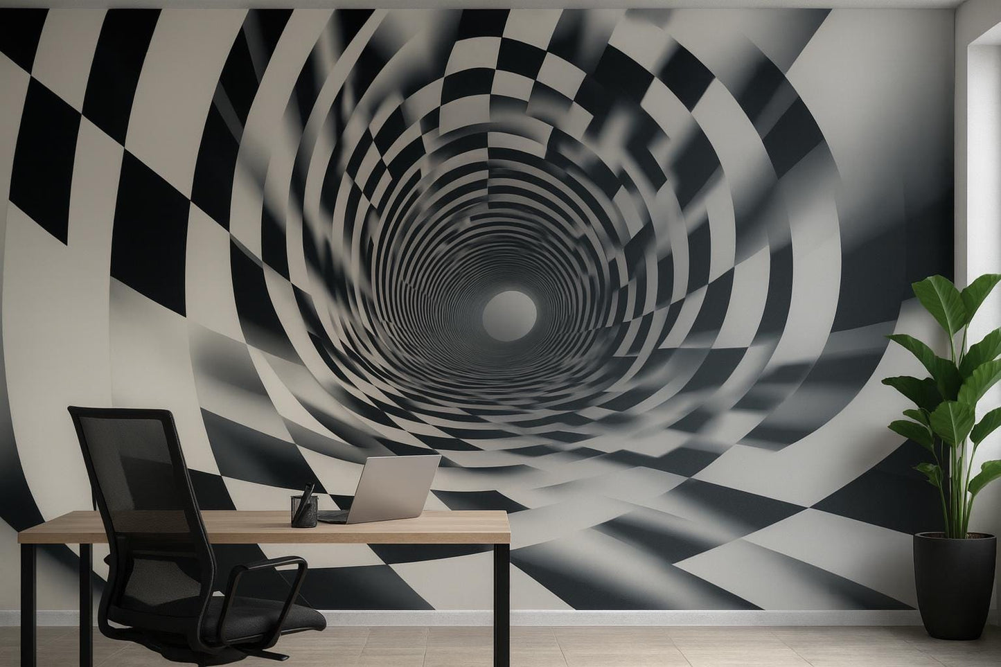 Black and White 3D Tunnel Wall Mural – Optical Illusion Modern Office Wallpaper Vn916
