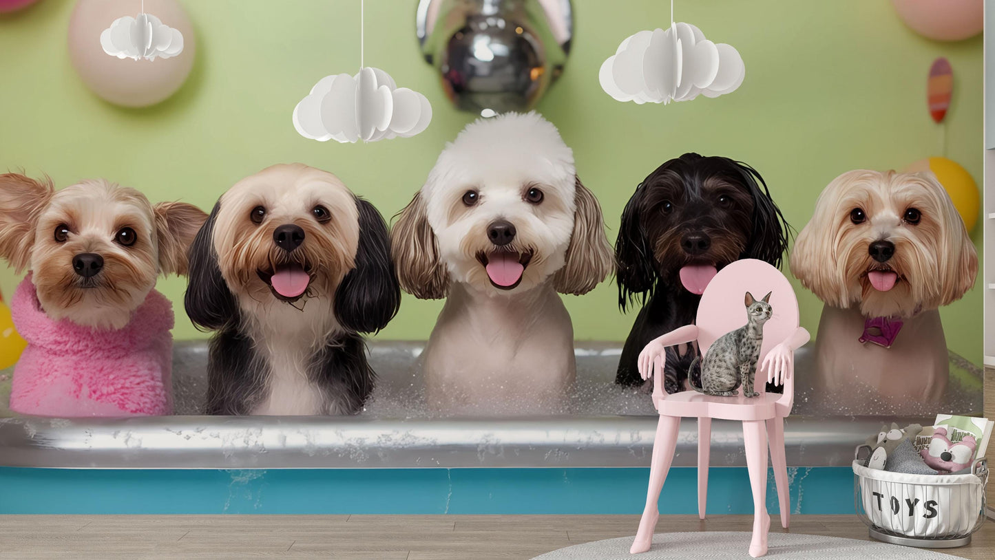 Dog Grooming Salon Wall Mural – Cute Bathing Dogs Wallpaper, Pet Spa Decor, Playful Veterinary Office Art Vn663