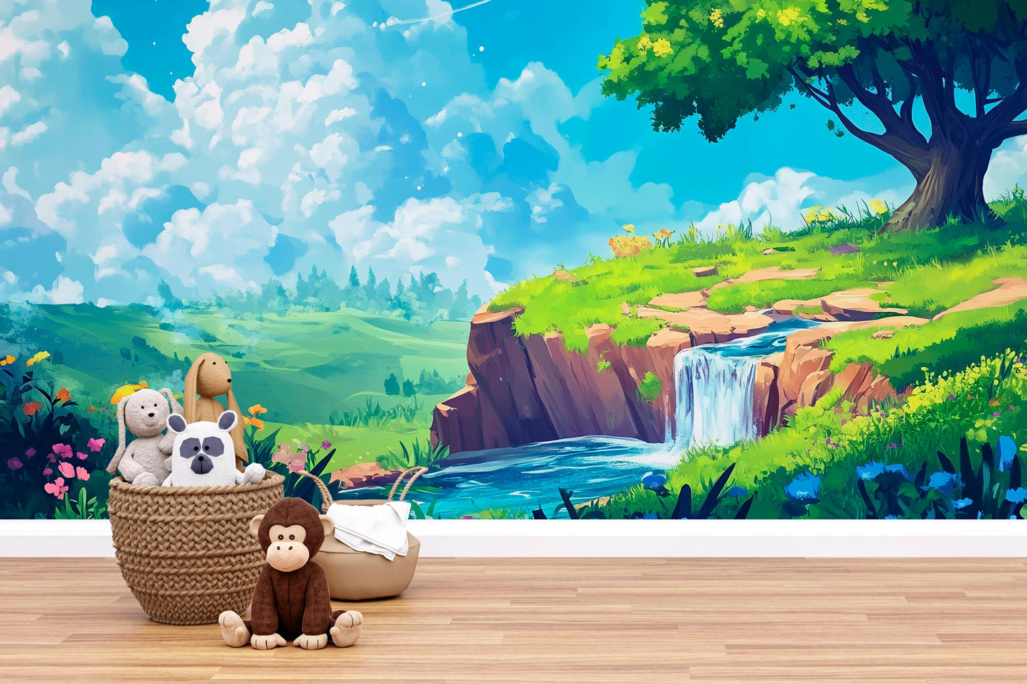 Whimsical Nature Nursery Wall Mural – Forest Tree Landscape Wallpaper – Baby Room Wall Decor – Crib Backdrop Vn704