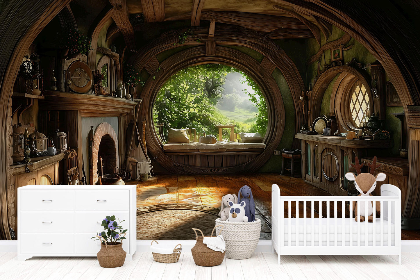 Hobbit Hole Wall Mural for Kids Room | Fantasy Nursery Decor | Cozy Woodland Playroom Backdrop | Tolkien-Inspired Art Print Vn603
