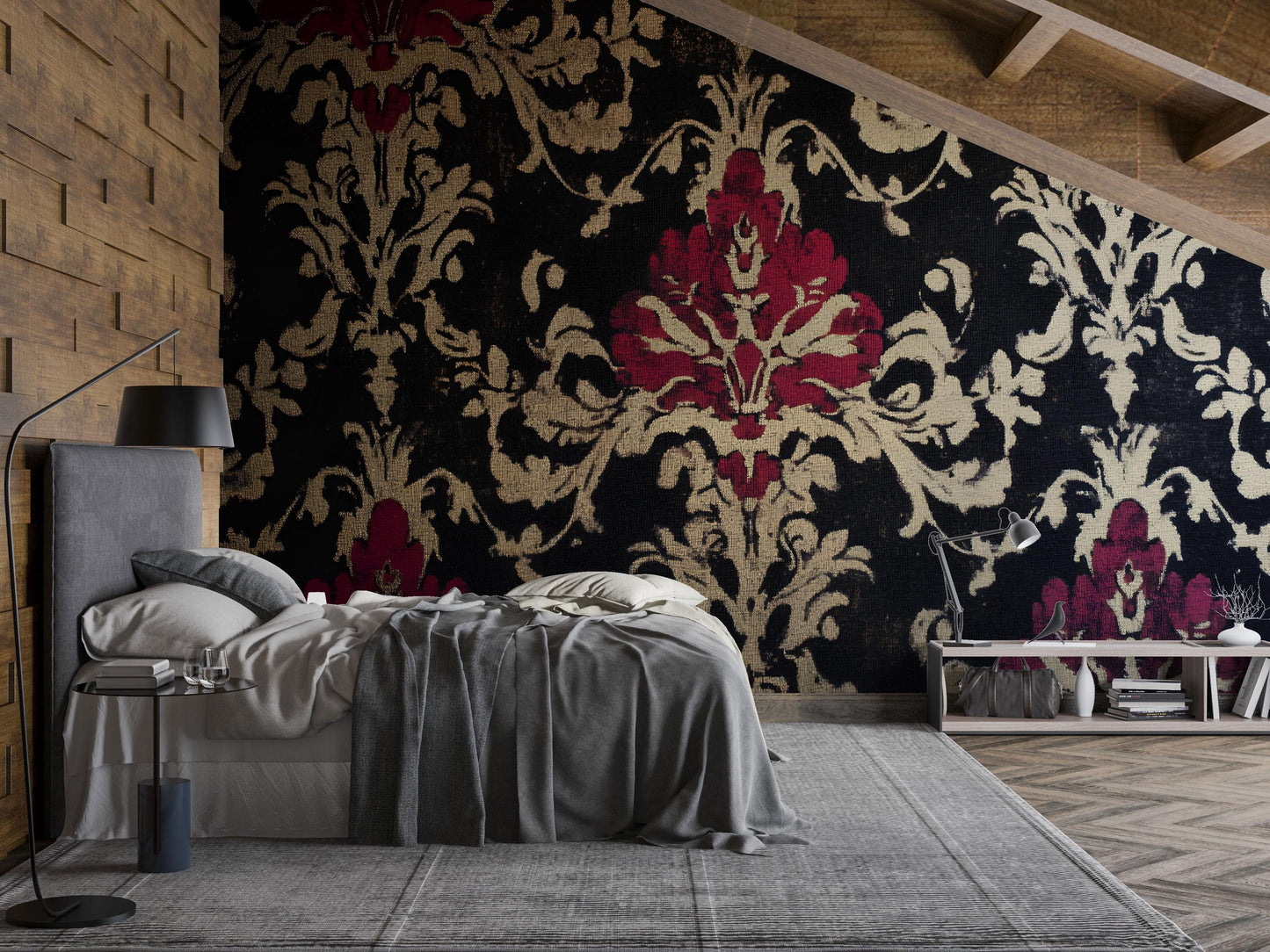 Luxury Baroque Floral Wallpaper – Black, Gold & Red Damask Tapestry Wall Mural for Bedroom or Accent Wall Vn640